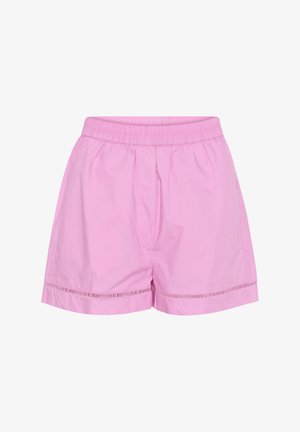 Shorts in cotone rosa con vita elastica, caratterizzati da una linea dritta e da una cucitura decorativa aperta vicino all'orlo.