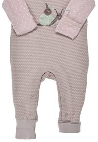 Tutina viola chiaro, textured, con maniche a pois, caratterizzata da un motivo di lumaca ricamato sul davanti e chiusure a scatto sul fondo.
