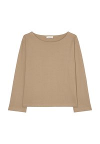 Beige Langarmhemd aus weichem, glattem Stoff mit weitem Ausschnitt und geradem Saum. Verfügt über eine lockere Passform und ein einfaches, unverziertes Design.