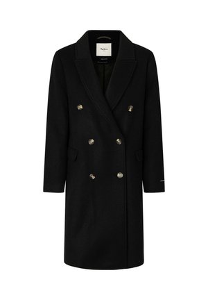Juodas dvigubos atvartų paltas, pagamintas iš vilnos, su pritaikytais atvartais, auksinėmis mygtukais, dviem šoninėmis kišenėmis ir sklandžia tekstūra.