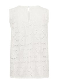 White sleeveless top with floral lace pattern, round neckline, and keyhole opening at the back. Soft, textured fabric.