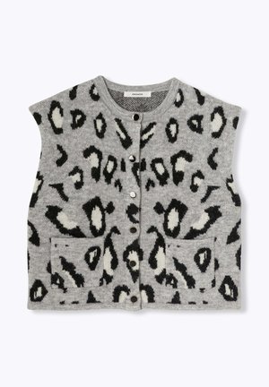Gilet sans manches gris avec imprimé léopard noir et blanc, doté d'un col rond, de cinq boutons et de deux poches avant. Tissu en maille texturée.