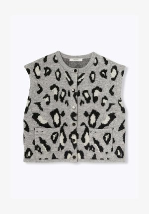 Gilet sans manches gris avec imprimé léopard noir et blanc, doté d'un col rond, de cinq boutons et de deux poches avant. Tissu en maille texturée.