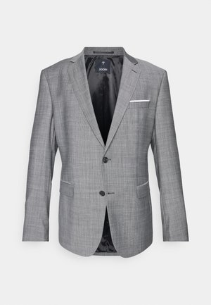 Gray blazer with a textured finish, single button closure, and two front pockets. Features a white pocket square accent and black lining.