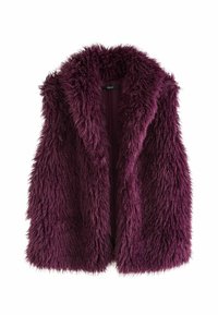 Faux fur vest i dyb lilla. Har en åben front, bred krave og lang, shaggy tekstur. Fodret indre for ekstra komfort.