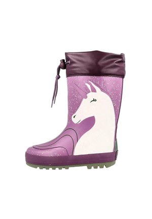Lila Kinderregenstiefel mit weißem Einhorn-Print, Kordelzug oben und gesprenkeltem Muster.