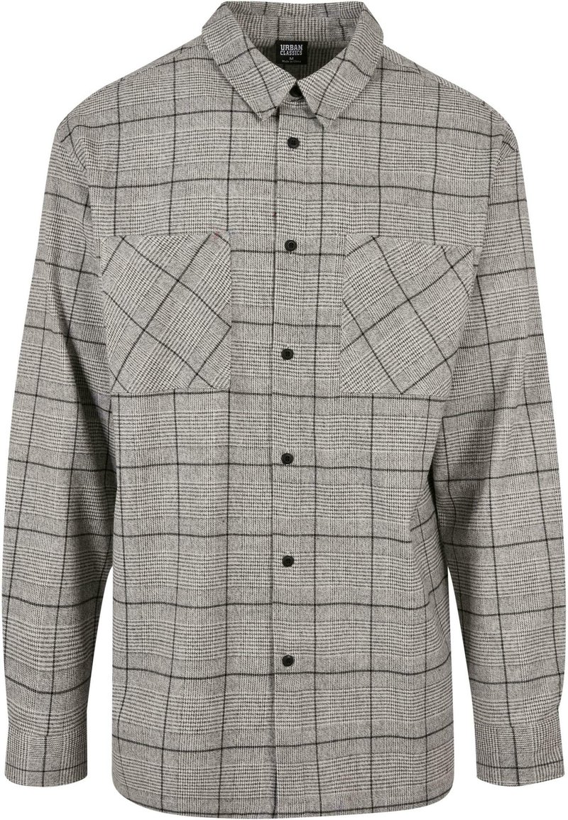 Grijs geruit flanellen shirt met knoopsluiting aan de voorkant, twee borstzakken en een klassieke kraag. Kenmerkt zich door een gestructureerd stoffen patroon.