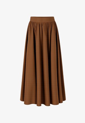Brown A-line midi skirt with wide waistband and side zip pockets, made from smooth, flowing fabric.