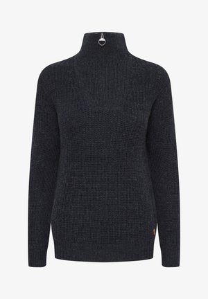 Mørkegrå strikket genser med høy krage med glidelås, ribbestruktur og en liten logo aksent nederst på siden.