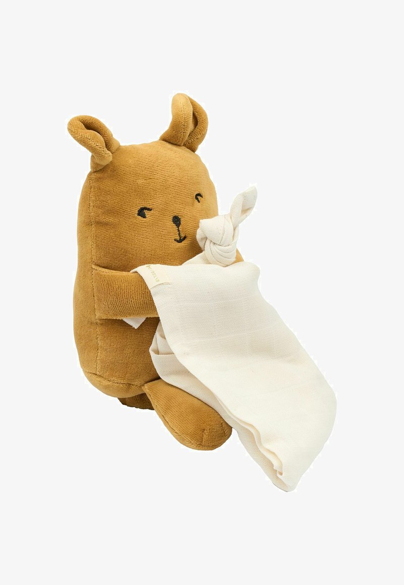Zacht bruin knuffeldier met geborduurde gezicht en oren, dat een crème-kleurig doek vasthoudt. Heeft een gestructureerde stof en knoopdetail.