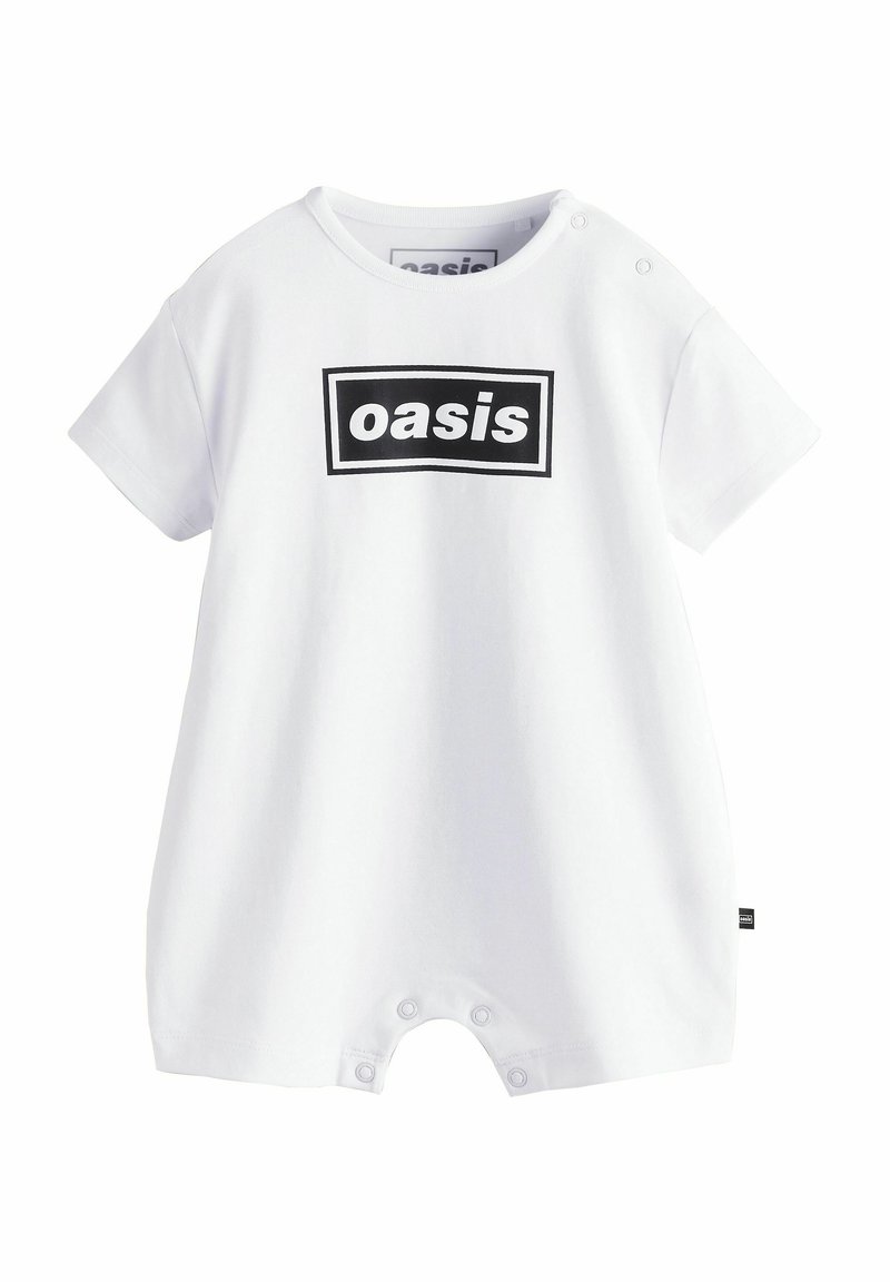Weißer Kurzarm-Overall aus Baumwolle mit einem schwarzen rechteckigen "Oasis"-Grafik auf der Vorderseite und Druckknöpfen an Schulter und Boden.