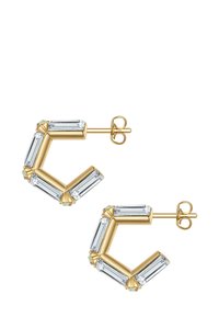 Aukso apvalūs auskarai geometriniu dizainu, su skaidriais stačiakampiais kristalais ir žaliais akcentais, bei saugiu uždarymo mechanizmu.