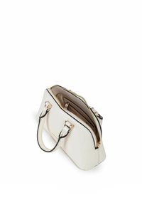 Borsa strutturata bianca con hardware dorato, doppio manico e chiusura con zip. L'interno presenta molteplici scomparti e una texture foderata.