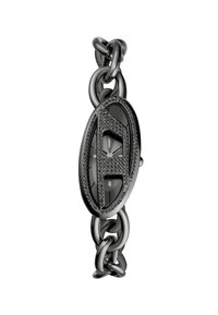 Schwarze Metalluhr mit ovalem Zifferblatt und Emaille-Verzierungen, akzentuiert mit kleinen Kristallen, Gliederarmband und polierter Oberfläche.