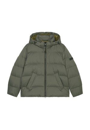 Green insulated puffer jacket with a hood, featuring a front zipper, large patch pockets, and a smooth, quilted texture.