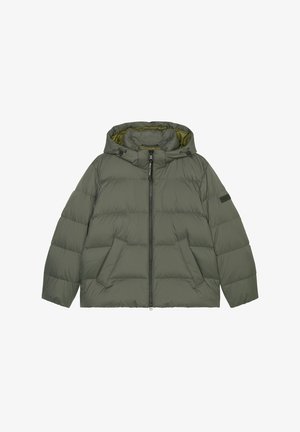 Green insulated puffer jacket with a hood, featuring a front zipper, large patch pockets, and a smooth, quilted texture.