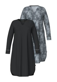 Kaksi pitkähihasta tunikaa: yksi täysin musta v-pääntiellä ja koristeompeleilla, toinen harmaa leopardi-printillä.