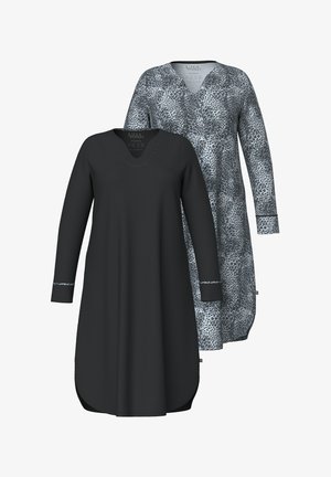 Two long-sleeve tunics: one solid black with a v-neck and decorative stitching, the other in gray with a leopard print design.