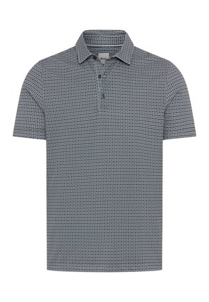 Heren polo met korte mouwen met klein geometrisch zwart-wit patroon en twee knopen.