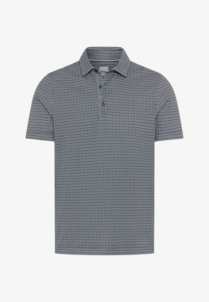 Heren polo met korte mouwen met klein geometrisch zwart-wit patroon en twee knopen.