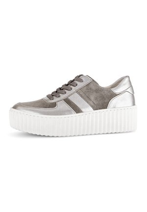 Gray leather sneaker with silver accents, textured suede panels, and a thick, white ridged sole. Features a classic lace-up design.