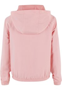 Rosa lettvekts hettegenser med elastiske mansjetter og hem, glatt tekstur, minimalisk design og en avslappet passform.