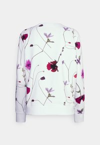 Sudadera blanca con un patrón floral de flores moradas, rosas y rojas. Fabricada con tela suave y puños y dobladillo acanalados.