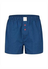 Modré pruhované boxery s hladkou texturou, s bílou štítkem, dvěma červenými knoflíky a elastickým pasem pro pohodlí.