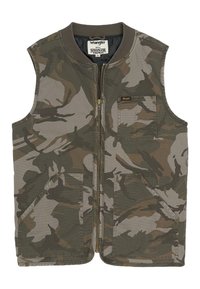 Kahe tasku ja väikese logomärgiga eesmine lukuga kamuflaažvest. Valmistatud vastupidavast kangast, millel on soonikkoes krae.