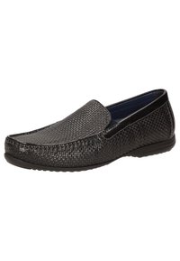 Schwarze geflochtene Leder-Slipper mit einer glatten, abgerundeten Spitze und einer strapazierfähigen Gummisohle, die eine strukturierte Oberflächenbeschaffenheit und ein minimalistisches Design aufweisen.