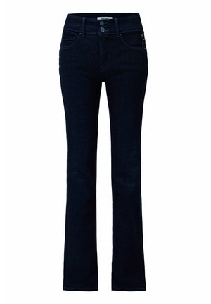 Jeans en denim bleu foncé avec une légère évasement, dotés d'une fermeture éclair, d'un bouton et de poches avant. Texture lisse avec un minimum de détails.