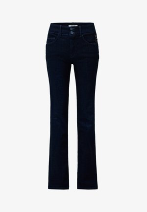 Jeans en denim bleu foncé avec une légère évasement, dotés d'une fermeture éclair, d'un bouton et de poches avant. Texture lisse avec un minimum de détails.