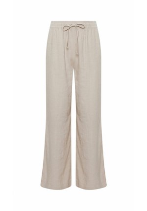 Lichtbeige linnen broek met wijde pijpen, elastische tailleband en trekkoord, vooraanzicht op witte achtergrond.