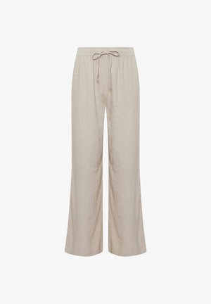 Pantaloni larghi in lino color beige chiaro con vita elastica e coulisse, visti frontalmente su sfondo bianco.