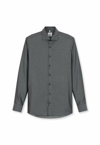 Herren Langarmhemd aus dunkelgrauem Stoff. Verfügt über eine Knopfleiste, einen Kragen und einen abgerundeten Saum. Strukturierte Oberfläche mit dezenten Mustern.