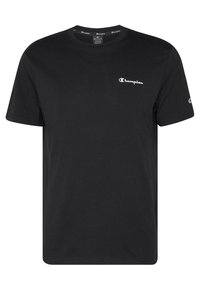 Sort bomulds T-shirt med rund halsudskæring. Har et lille hvidt "Champion" logo på venstre bryst og mærkeaccenter på ærmerne.