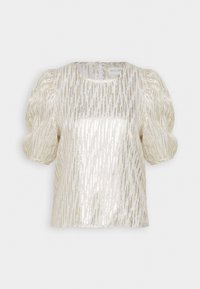 Blusa blanca transparente con rayas verticales metálicas doradas, mangas cortas abullonadas y escote redondo. Tejido con textura y ligero.