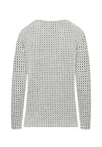 Langärmliger Strickpullover mit schwarz-weißem Chevron-Muster in kleiner Größe, Rundhalsausschnitt und taillierte Silhouette, von hinten gezeigt.