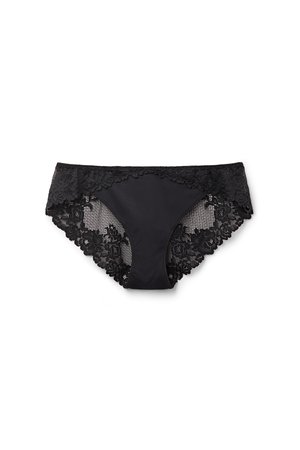 Braguitas bikini negras para mujer con encaje floral y detalles de malla en los laterales y la cintura.