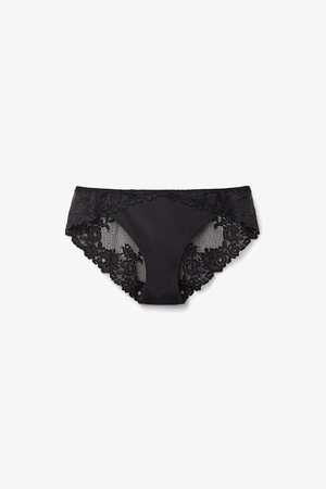 Black women's bikini panties with floral lace and mesh details on sides and waistband.