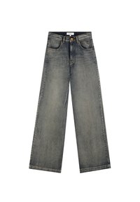 Jeans de pierna ancha en denim azul desgastado, que presentan un cierre de botón y cremallera, cinco bolsillos y costuras en contraste.