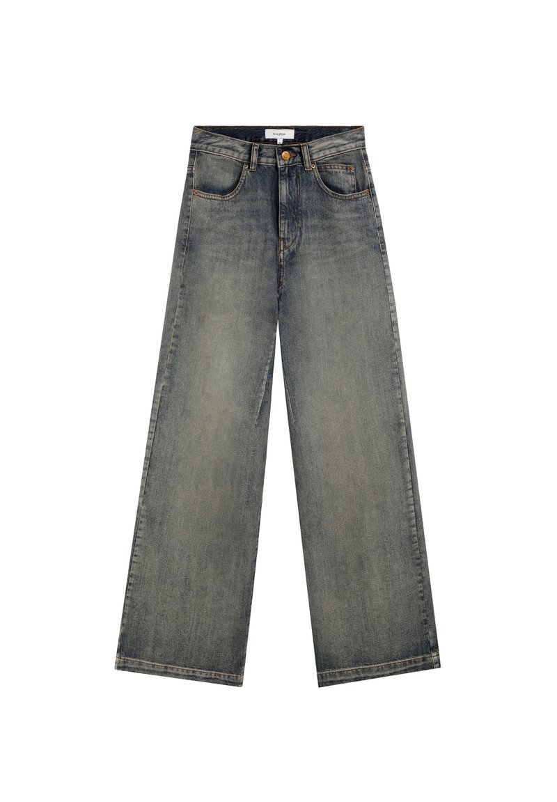 Jeans de pierna ancha en denim azul desgastado, que presentan un cierre de botón y cremallera, cinco bolsillos y costuras en contraste.