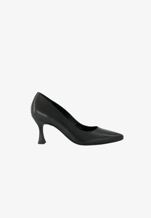 Black leather pump with a pointed toe and a modest curved heel. Smooth texture and no visible patterns or hardware details.