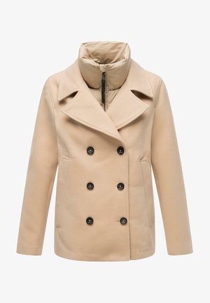 Beige double-breasted coat with black buttons, a large lapel, and a padded high collar, designed with a smooth wool-like texture.