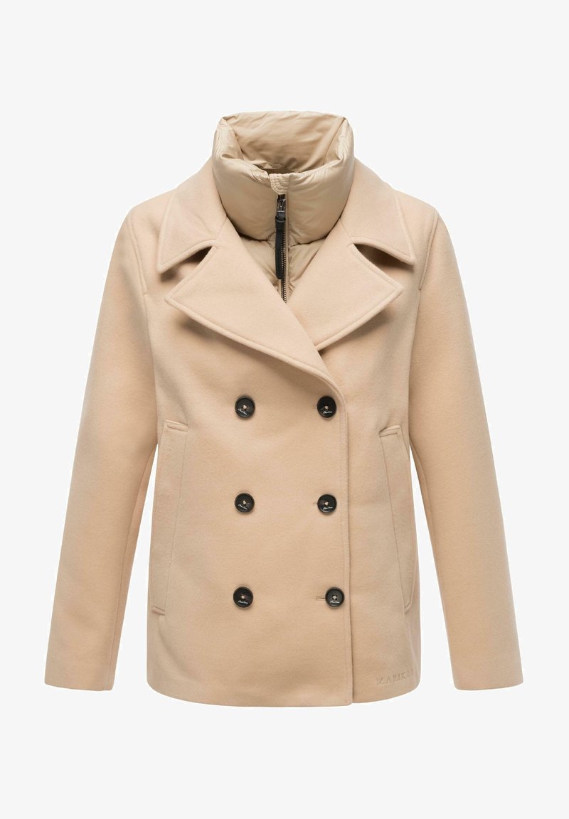 Beige double-breasted coat with black buttons, a large lapel, and a padded high collar, designed with a smooth wool-like texture.