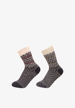 Wool socks featuring a textured gray pattern with a cream ribbed cuff and colorful geometric accents in shades of red and green.