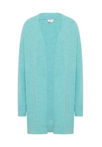 Ljusblå cardigan med en lös passform, öppen framsida och långa ärmar. Tillverkad av mjukt tyg med ribbade ärmar och nederkant för textur.