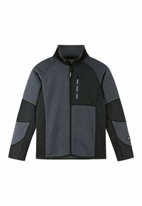 Giacca da uomo in grigio e nero, caratterizzata da un colletto alto, chiusura con zip e pannelli testurizzati. Realizzata in tessuto flessibile e durevole.