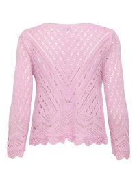 Pull en tricot lavande à manches longues avec motif ajouré en forme de V et ourlet et poignets festonnés.