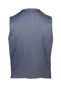 Ärmlös blå väst med ett texturerat tyg, som har en slät yta och rena linjer, utan synliga knappar eller dekorationer.
